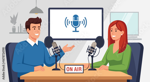 Dynamic Illustration of a Podcast Recording Session with Two Hosts, On Air Broadcast Concept In a Modern Studio Setting