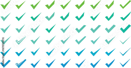 Repeating graphic pattern of check marks in shades of green and blue.