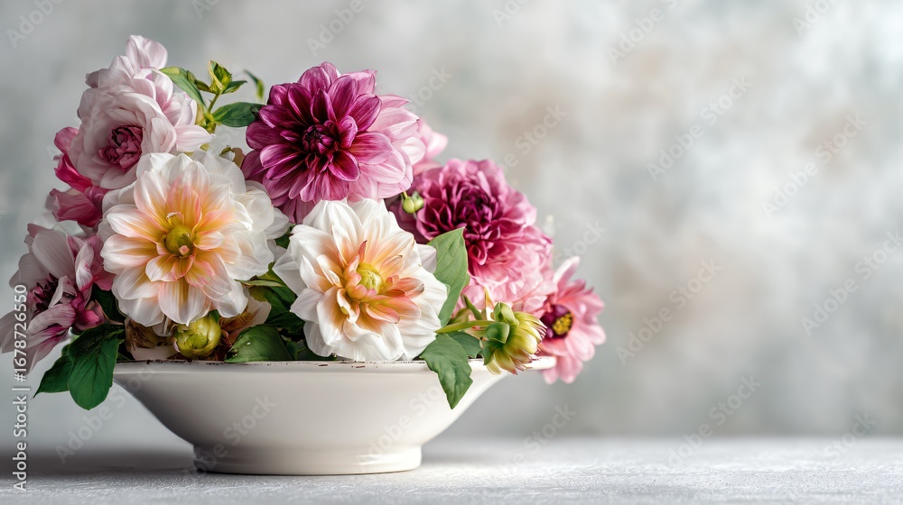 Fototapeta premium Comfort platter with florals in side blur, light gray background, clean composition