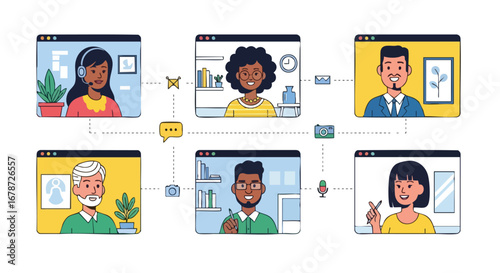 Diverse individuals seamlessly connect through a virtual meeting interface fostering collaboration and communication in a modern digital era