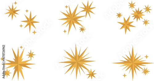 Golden starbursts and sparkles for celebratory designs, festive layouts, and holiday cheer