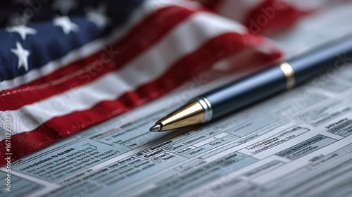 Tax Time: American flag, tax form, and pen. Filing taxes in the USA. Financial paperwork. Document preparation for tax deadline.
