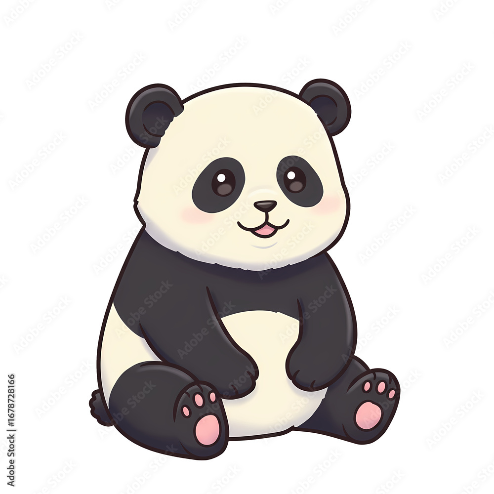 Naklejka premium Cute Cartoon Panda Sitting with Happy Expression in White and Black Fur