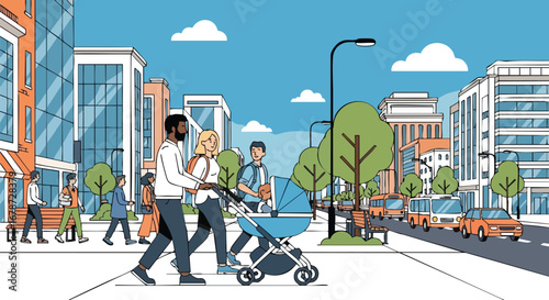 Contemporary urban scene of family walking with baby stroller, promoting civic life and modern city living, illustration style with focus on diverse