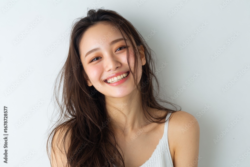 Naklejka premium Japanese woman with a radiant smile and clear skin, captured in a studio setting, reflects a youthful, effortless look with simple skincare and natural beauty.