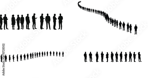 Diverse crowd silhouettes standing in linear queues on a bright backdrop