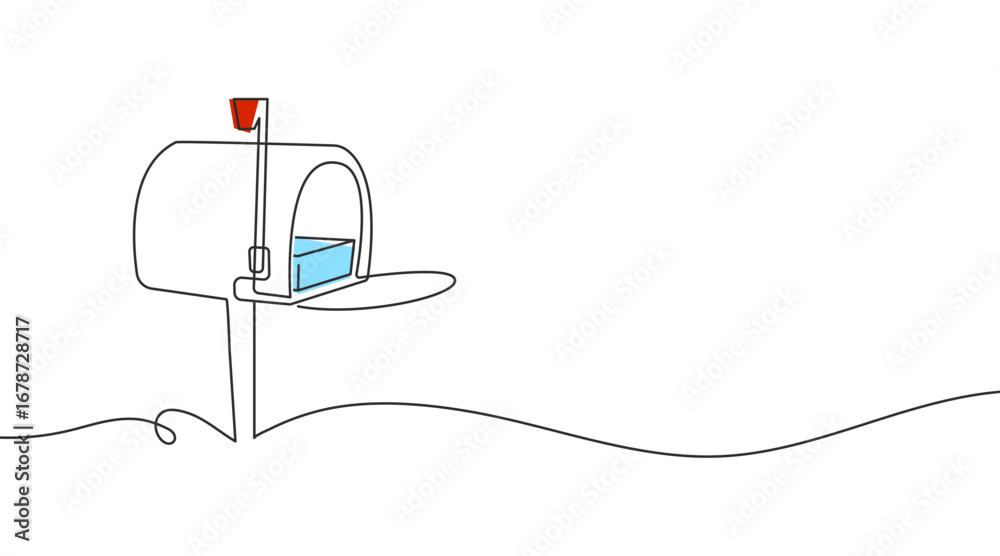 Fototapeta premium Mailbox one continuous line illustration. Minimal hand-drawn doodle sketch in simple linear style. Vector mailbox icon for post, mail, communication, and delivery design.