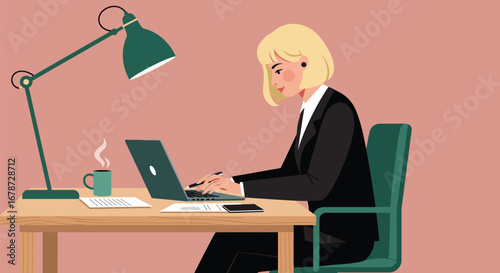 Professional woman working at desk with laptop, coffee mug, and documents