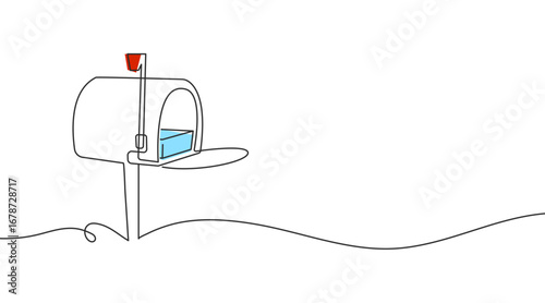 Mailbox one continuous line illustration. Minimal hand-drawn doodle sketch in simple linear style. Vector mailbox icon for post, mail, communication, and delivery design.