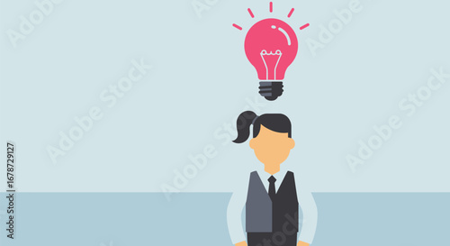 Businesswoman with light bulb above head showcasing creative idea generation
