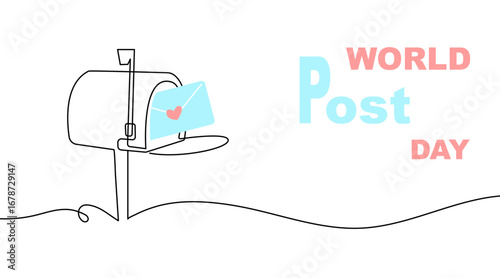 Post Day banner with mailbox design in one continuous line. Minimal vector illustration for World Post Day theme, postal service, mailing, and communication concept.