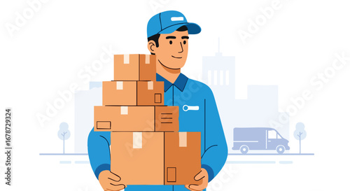 Delivery Man Carrying Stacked Packages with Cityscape Backdrop in Muted Tones Graphic Illustration