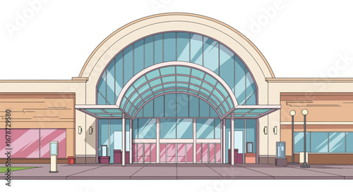 Stylized shopping mall entrance with arched design and glass facade illustration
