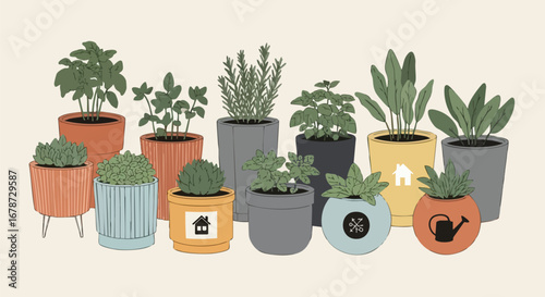Diverse indoor potted plant collection arranged in a visually appealing manner in a whimsical setting representing modern home gardening ideas