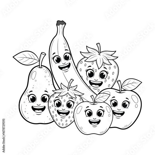 Playful Fruit Friends Coloring Page Featuring Banana, Strawberry, Apple, and Pear
