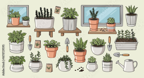 Indoor Gardening Delight: An Illustration of Various Potted Plants and Gardening Tools on a Soft Background