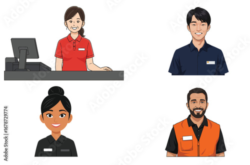 Diverse workforce illustration featuring friendly retail employees in uniform avatars