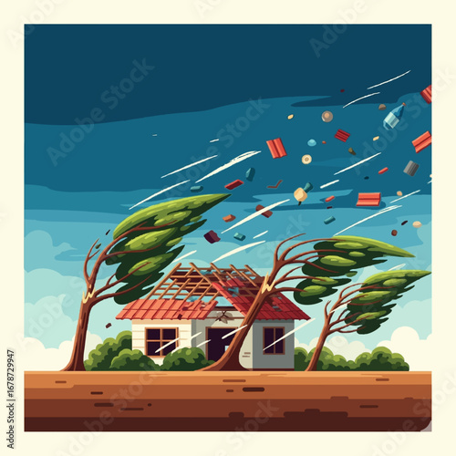 A strong wind storm is causing damage to a rural house and trees, with debris flying through the air under a stormy sky. The illustration has a simple, cartoon-like style.