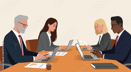Diverse professionals collaboratively working at a conference table using laptops
