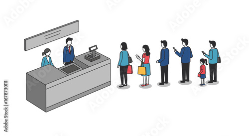 Waiting line at the checkout counter with people using smartphones