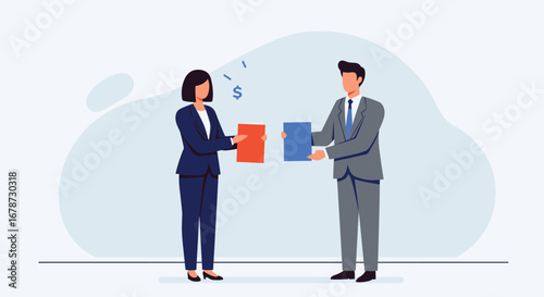 Business deal illustration featuring exchange of documents between professionals