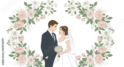 Elegant wedding day illustration featuring a loving couple embraced by a floral wreath soft pastel tones romantic drawing perfect for invitations