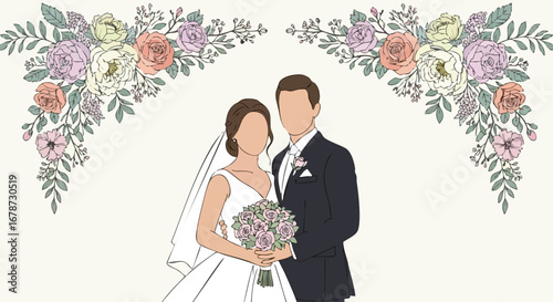 Elegantly drawn faceless couple surrounded by ornate floral design for wedding invitations and romantic celebrations