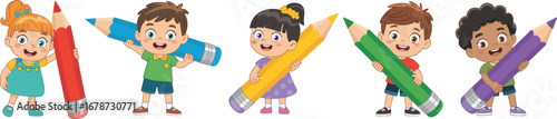 Happy cartoon kids holding big colorful pencils vector illustration, smiling children with oversized stationery, fun back to school concept, cute educational artwork