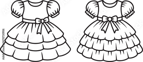 Two tiered girls dresses design outline illustration