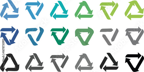 Collection of various colored recycling symbols.