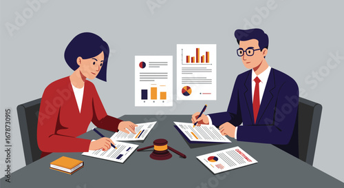 Professionals negotiating a contract in a stylized flat vector illustration