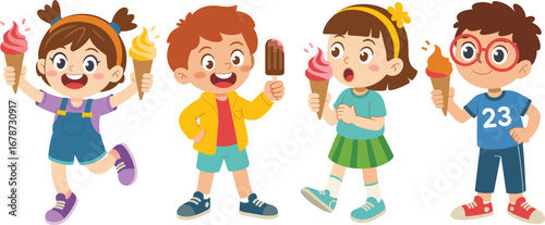 Happy children eating ice cream, cartoon kids holding cones, summer dessert illustration, sweet treat vector, joyful friends enjoying frozen snacks together, colorful playful design