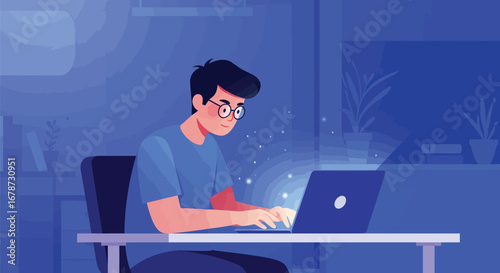 Focused young entrepreneur working late night on his laptop in his office