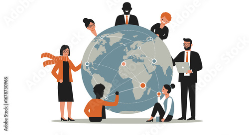 Stylized illustration of professionals collaborating around a global network