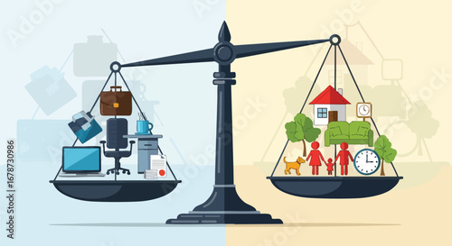 Concept illustration depicting work-life balance achieved through equilibrium on scales representing professional career and personal family life