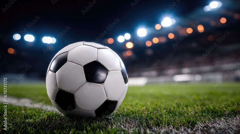 Naklejka premium A close-up shot of a black and white soccer ball resting on a green grass field, illuminated by stadium lights in the background, showcasing the excitement of a nighttime match.
