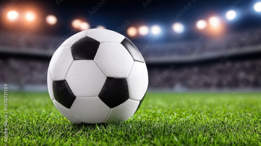 Fototapeta premium A close-up of a classic black and white soccer ball resting on vibrant green grass inside a professional stadium, illuminated by bright stadium lights, ready for play.