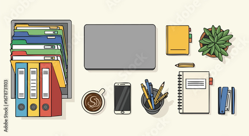 Illustrative Office Workspace with Laptop, Documents, and Coffee for Productivity and Organization