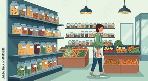 Depiction of a sustainable shopping experience in a vibrant, well-stocked, zero-waste grocery store filled with organic and bulk goods with shoppers
