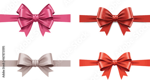Elegant set of glossy ribbon bows in various colors isolated on white backdrop