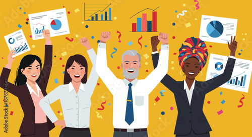 Diverse business team celebrates success with data charts amidst confetti shower