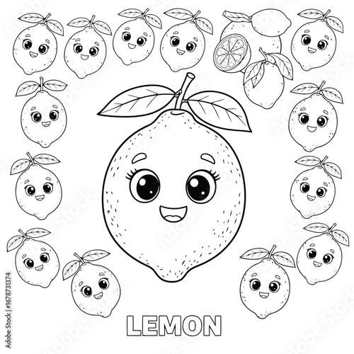 Cute Kawaii Lemon Characters Coloring Page for Kids and Adults