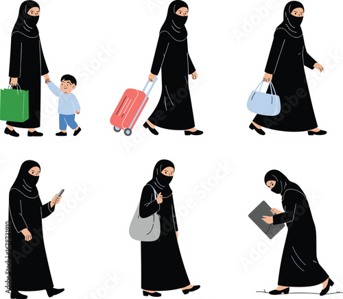 Muslim woman in abaya with child, shopping, traveling, using smartphone, carrying handbag, working with laptop, lifestyle illustration, Islamic culture, vector isolated design