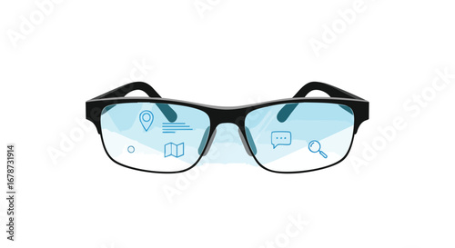 Augmented reality eyewear with map, location, and search icons for enhanced user experience and technological advancement