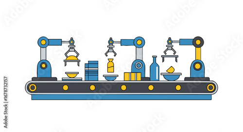Stylized food processing with robotic arms on an automated conveyor belt system for production efficiency and modern food manufacturing technology