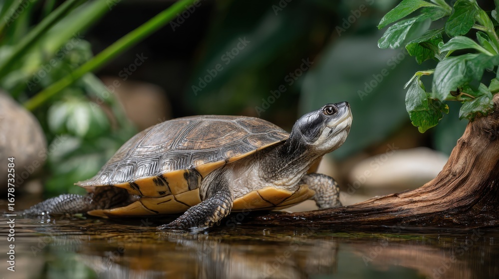 Naklejka premium Turtle on the Shore of a Tranquil Pond Surrounded by Greenery