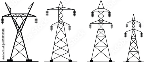 Vector illustration of electricity pylons, power transmission towers, high voltage lines,