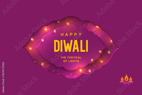 Happy Diwali Festival of Lights greeting card with glowing diya lamps and garlands in 3D layered purple arch with mandala pattern, festive background for holiday celebration. Vector illustration.