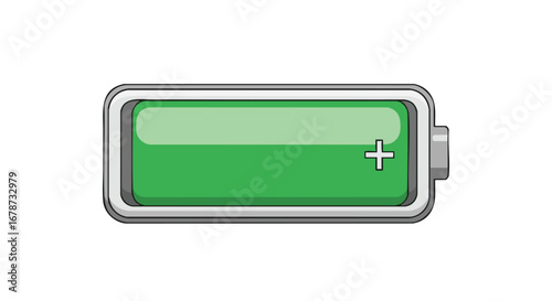 Green cartoon battery icon, indicating full power status, isolated on a white background, offering a clear visual representation of energy levels