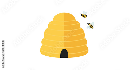 Illustration of a vibrant beehive with buzzing bees against a clean white backdrop showcasing nature's delicate ecosystem and the importance of